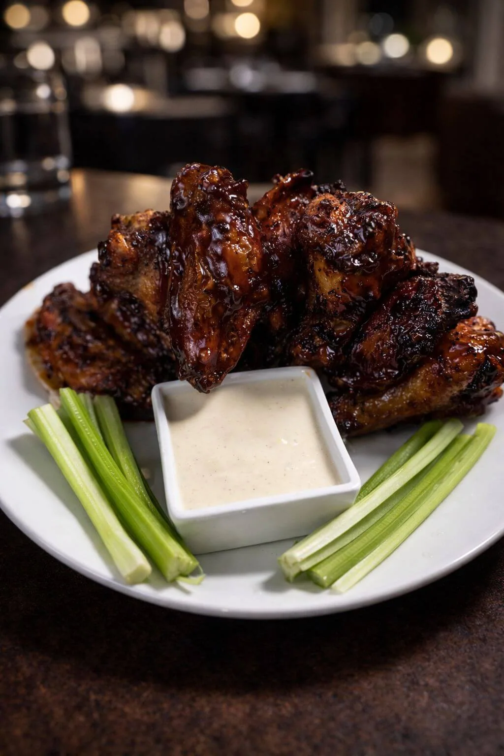 Glazed chicken wings with celery sticks and a white dipping sauce